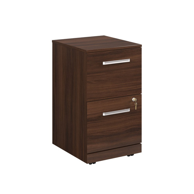 File paperwork with the Sauder Affirm 19in Vertical 2-Drawer Mobile File Cabinet With Lock. The mobile file cabinet is equipped with hidden caster wheels for convenient movement. Each drawer holds letter- and European-size files.  Engineered wood construction.  Boasts 2 drawers that accommodate letter- and European-size files.  Interlocking safety mechanism only allows 1 drawer open at a time.  Ball-bearing suspension.  Includes hang rails.  Locking file cabinet helps prevent tampering.  Hidden caster wheels.  Assembly required.  Tested to meet ANSI/BIFMA Performance Standards - Manufacturer testing has been conducted on this product to meet specific performance requirements and safety standards set forth by the American National Standards Institute (ANSI) and the Business and Institutional Furniture Manufacturers.