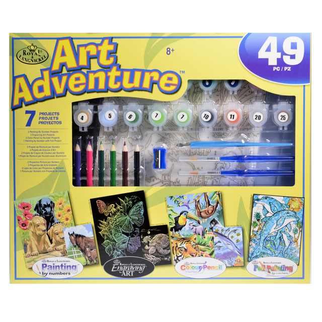 Introduce your young artist to a wide variety of mediums and techniques with the Royal & Langnickel Art Adventure Super Value Set. Pre-printed outlines are easy to follow, or you can create your own projects.  Includes 2 engraving art projects, 2 paint by number, 2 color pencil by number, 1 foil painting by number, 18 paint pots, 10 color pencils, 2 practice sheets, 2 numbered transparency overlays, 2 engraving practice pieces, 1 foil sheet, 2 taklon brushes, 1 scrapecutter, 1 pencil sharpener, an 18-well palette and instructions.  Great for young artists to practice a variety of mediums.  Pre-printed outlines are easy to follow.