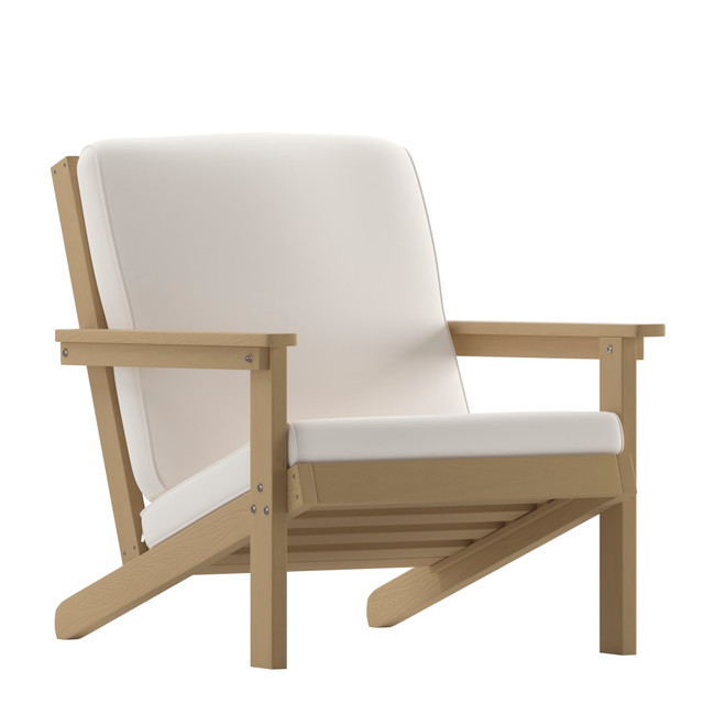 The Flash Furniture Charlestown All-Weather Adirondack Club Chair with Cushions will look great on your porch or deck. This Adirondack-style chair features an ultra-strong polystyrene frame for lasting use. The deep seat and back have cushions covered in all-weather fabric for added durability.  Club chair with an ultra-strong polystyrene frame.  Back and seat cushions covered in all-weather fabric.  Deep seat offers comfort.  Adirondack-style design.  Includes rust-resistant stainless steel hardware.  Weight capacity tested to support 300 lb.  Overall dimensions: 32-1/2inH x 29-1/2inW x 34inD.  Fabric wipes clean with a damp cloth.  Frame can be cleaned with water and a neutral detergent.  Assembly required.  Backed by the manufacturer's 1-year limited warranty.