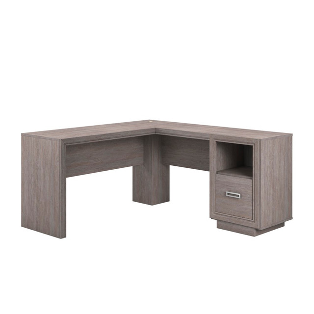 Update your office space with the sleek Sauder Hayes Garden L-Shaped Computer Desk With File Drawer. This dynamic L-shaped desk boasts integrated storage for files, binders, office supplies and more. An integrated desktop grommet makes it simple to prevent cord clutter.  Engineered wood construction.  Desk with storage boasts an open shelf and file drawer with full extension slides for letter-size hanging files.  Desktop grommet offers cord management.  Finished on all sides for versatile placement.  Assembly required.  Backed by the manufacturer's 5-year limited warranty.  This product is heavy and/or oversized and may need more than one person to handle.