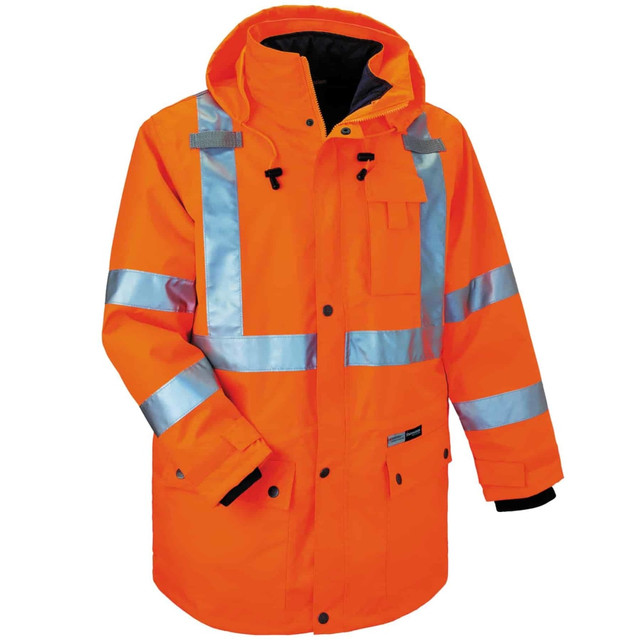 Make sure you stay warm and protected on the job by wearing the Ergodyne GloWear 8385 4-in-1 Jacket. This Type R Class 3 jacket features weatherproof construction and reflective details to help ensure safety during low-light jobs.  Made of weatherproof 300-denier oxford polyester with a breathable PU coating to keep you comfortable.  100 grams of 3M Thinsulate lining on the inner jacket to keep you warm.  2 external front pockets with snap flaps, dual mic tabs for clipping radios and a chest pocket for your phone.  Inner jacket zips out and the sleeves zip off, creating a Class 2 thermal vest.  YKK #5 zippers for secure closure.  2in ANSI-compliant 3M Scotchlite reflective elements help you remain visible.  Inset hood with drawstrings and stoppers.