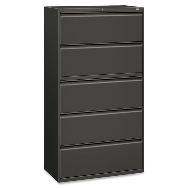 Lateral file includes 4 fixed drawers plus top roll-out shelf with a posting shelf and receding flipper door  File offers clean lines, reinforced case construction, dual side locks for security, and full-width, designer-style handles with magnetic label holders.  Baked enamel finish over rust-inhibiting, phosphate pretreatment for more durability.  Drawers accommodate letter- or legal-size folders from side-to-side with included adjustable hangrails. 3-part, telescoping, ball-bearing suspension delivers smooth drawer operation.  Top roll-out shelf is ideal for binders, end-tab files, standing files or supplies.  Drawers are flush at the top and sides and feature a drawer extension restraint. Mechanical interlock allows only 1 drawer to open at a time.  Also offers 4 adjustable leveling guides for stabilizing and HON One Key interchangeable core removable locks. Lock mechanism secures both sides of drawers.  Certified by SCS to be in compliance with specific indoor air quality emission requirements.  BIFMA level 2 certified - reduced impact from multiple eco-attributes and/or social attributes. Ranked in three tiers: level 1, 2, or 3.  SCS Indoor Advantage certified - meets strict indoor air quality guidelines. Ranked in two tiers: Certified and Gold.  Tested to meet ANSI/BIFMA Performance Standards - Manufacturer testing has been conducted on this product to meet specific performance requirements and safety standards set forth by the American National Standards Institute (ANSI) and the Business and Institutional Furniture Manufacturers.  This product is heavy and/or oversized and may need more than one person to handle.  Less harsh chemicals - made with fewer harsh chemicals, or safer chemicals than typical alternatives, helping  reduce your use of and exposure to substances that may be more harmful to your health and the environment.  Contains Recycled Content - See Specs for Details.