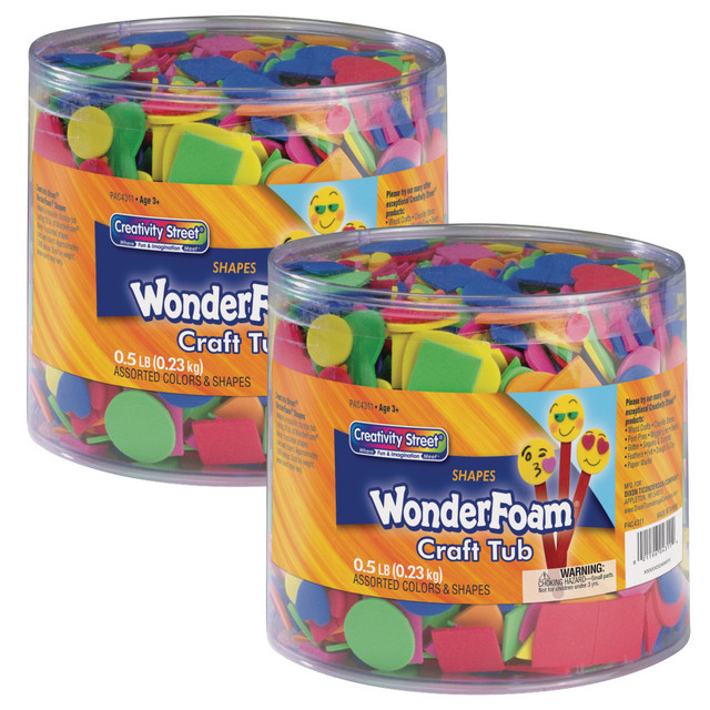 Use Creativity Street WonderFoam Craft Tubs to add pizzazz to arts and crafts projects. These assorted foam shapes come a resealable tub for handy storage.  Made from lightweight foam.  Assorted shapes are ideal for arts and crafts projects.  Comes in a craft tub with a lid.  Each tub includes 1/2 lb of foam shapes.