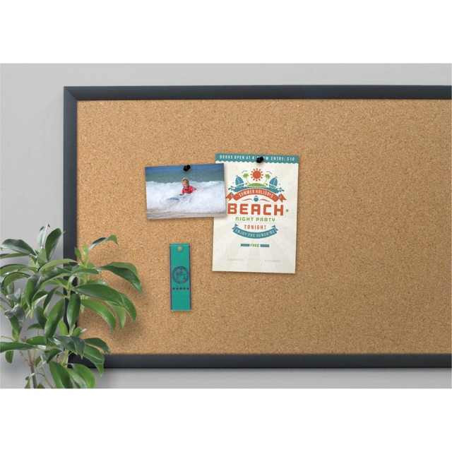 This black wood frame cork board is a perfect and functional solution to pin your notes and messages in any office, home or commercial environment. Use any push pins, thumb tacks or map pins to pin all of your notes, messages, pictures, memos, calendars, menus, reminders and more.  Firmly grips push pins and thumbtacks in place every time  Self healing, natural cork surface resists push pin holes after each use  Sturdy black wood frame perfect for home, office, classroom or commercial use  Great for pinning notes, messages, pictures, memos, calendars, menus, reminders and more  Mounts vertically or horizontally, includes hassle-free mounting hardware and instructions  3 Year Warranty.
