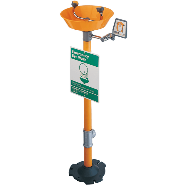 Free standing, pedestal mounted eye wash, water flow is activated by either flag handle or foot treadle  Two GS-Plus spray heads deliver flood of water for rinsing eyes, each head has a flip top" dust cover, internal flow control and filter to remove impurities from the water flow  Pipe and Fittings: Schedule 40 galvanized steel, furnished with orange polyethylene covers for vertical piping for high visibility and corrosion resistance