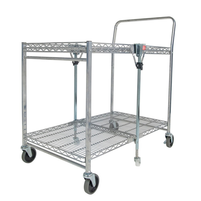 Storage space and location is the number one user issue with current cart designs. Our Bostitch Stowaway Folding Carts have a patented folding design that stores away in 4x less space! An optional wall mount bracket allows for easy storage behind a door or in an open space. It folds and unfolds in a fraction of a second with secure safety locks for the strongest durability. Dual shelves provide 1300+ square inches of storage space and can hold up to a massive 500 pounds of storage capacity.  Ideal for use in retail stores, offices, garages, hospitals and more  Patented folding design takes up 4x less space  Handles a maximum capacity of 500 lbs.  Dual shelves provide 1300+ square inches of storage space  Double chrome coated construction for ultimate durability  Folds and unfolds in seconds with secure safety locks  6 swivel non-marring caster wheels (two locking) for skid-free maneuverability