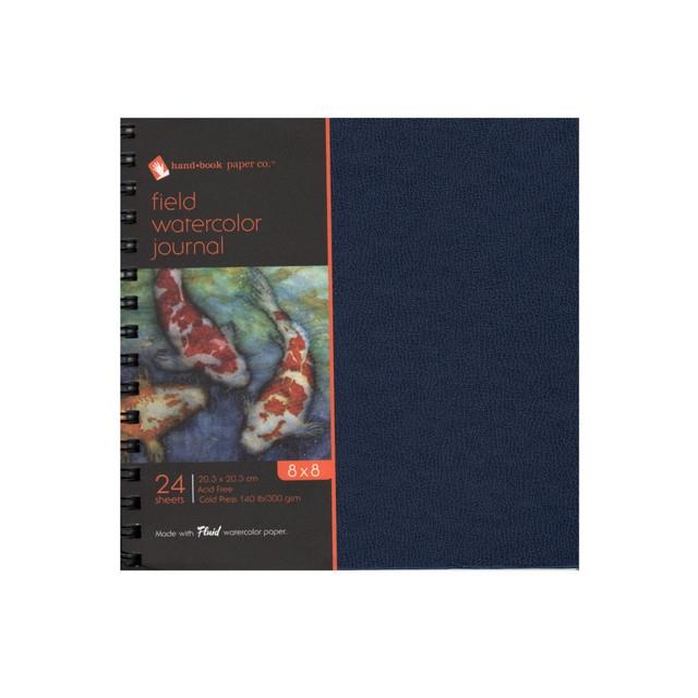 Hand Book Journal Co. Field watercolor journals let you create watercolor paintings in the studio or out in the world. The hardcover design provides extra ruggedness for every journey.  High-alpha cellulose paper is cold pressed and both internally and externally sized for performance.  Pad features a textured hardcover and wire binding for durability.  Acid free to help prevent yellowing and fading.  Each pad contains 24 sheets of paper.  8in x 8in journal contains 24 sheets.