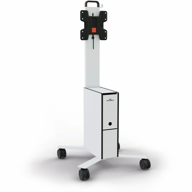 Upper compartment for storing small devices such as remote control, mouse, keyboard, cables, etc.  Lower compartment for additional hardware accessories such as batteries, 3-socket power strip, extension cable, etc.  High-quality glued CDF body with multiple openings for cable management and heat extraction  Safe when in motion and stable when in use thanks to 75 mm rollers with brakes  Cable outlets in the back of the frame to reach a power socket, at the sides for connecting to a laptop and at the bottom at the front for a charging cable  Mobile and easy to use thanks to comfortable handles and cable holder in the profile frame  Monitor/TV can be adjusted in height during assembly  Integrated cable management in the aluminium profile frame  Compartment with grip hole for a mini PC  Flexible media trolley for video conferences and presentations in small groups