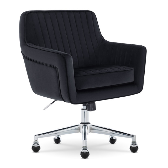 Channel your inner fashion icon with the Serta Ashleigh chair. This stylish mid-back office chair boasts a trendy channel-tufted design and polished base, adding a touch of modern glam to your home office. Its a great upgrade for the style-savvy professional. Inspired by mid-century modern aesthetics, the Ashleigh office armchair features clean lines, a mid-back silhouette and luxuriously soft velvet upholstery. The chairs piped edge tailoring and swivel base exude timeless elegance. Beyond its undeniable style, the Ashleigh offers medium-level comfort with a well-cushioned mid-back and pocket coil seat. Its layered with high-density foam to keep things comfortable and offer support for casual work sessions. The low-profile arms slide easily under most desks for ergonomic positioning and convenient storage.  Inspired by mid-century club and lounge chairs, this desk chair features elegant channel-tufting on the back, seat and inner arms.  Upholstered in luxurious velvet fabric.  Backrest and armrests seamlessly blend into a mid-back silhouette, creating an open and inviting feel that envelopes you in moderate support.  Layered with high-density foam, the pocket coil seat provides a medium comfort feel.  Made with non-toxic foam.  Metal swivel base.  Easy-touch height adjustment lever.  Tilt lockout with adjustable tilt tension for refined recline.  Dynamic 360 deg. swivel ball casters glide across most carpet types.  Casters are intended for use on carpet and are not recommended for use on tile or hardwood floors.  Versatile armchair is adaptable in many ways. Use it as extra seating in your living room or dining area, or transform it into a glamorous vanity chair or a cozy reading nook.  Overall Dimensions: 37-1/4inH x 26-1/2inW x 26-3/4inD.  Weight capacity tested to support 275 lb.  Assembly required. Tools included.  Backed by the manufacturer"s 1-year limited warranty.  Tested to meet ANSI/BIFMA Performance Standards - Manufacturer testing has been conducted on this product to meet specific performance requirements and safety standards set forth by the American National Standards Institute (ANSI) and the Business and Institutional Furniture Manufacturers.
