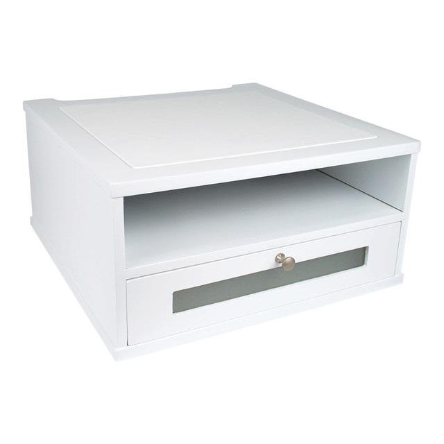 Holds a monitor while providing storage for papers, reports, books and supplies  Large drawer can be placed in either of 2 locations for flexible storage.  Rear access space allows flush positioning against the wall.  Sturdy wood construction. Features a durable, double-coated, matte silver finish.  Design elements provide a touch of class. Includes a brushed metal handle, faux leather top and a frosted glass window.  Non-slip rubber feet protect against scratches and scuffs.