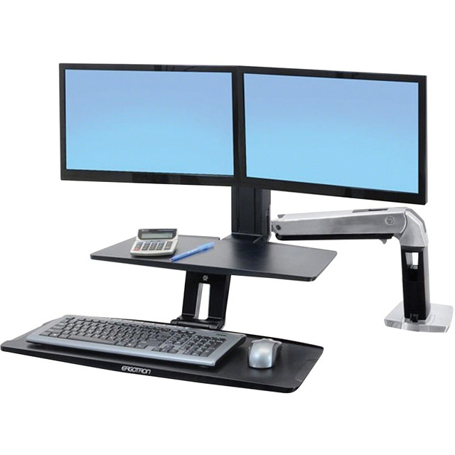 A WorkFit-A monitor stand moves your keyboard and monitor in 1 simple motion. Change from a sitting to a standing position whenever you want with this Ergotron stand.  Dual monitor stand in black adds extra ergonomic benefits, allowing the keyboard tray to be positioned below desktop level for optimum computing comfort.  Fold your keyboard up and swing the arm out of the way when you need your desk surface.  Whats Included: arm, desk clamp, grommet mount, monitor riser, crossbar bow, 2 monitor pivots, keyboard tray support bracket, worksurface, keyboard tray, assembly fasteners, hook-and-loop fasteners, cable wrap and adjustment tools.