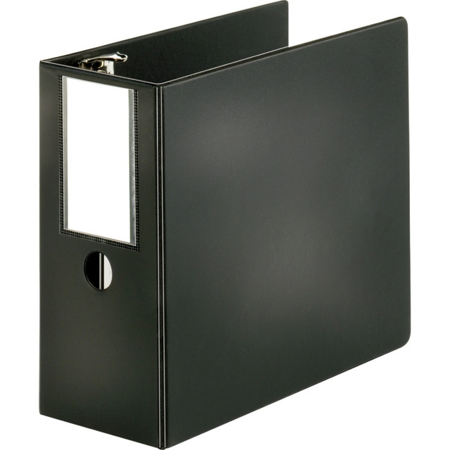 Slant-D ring binder is designed for maximum sheet capacity. Locking rings are mounted on the back cover for lay-flat visibility and long-lasting durability. No-gap D-Rings stay tightly closed without gaps and hold 25 percent more paper than the same-size round rings. 5in capacity holds up to 1,100 sheets. Nonglare CleanView cover and pocket material resist toner transfer so ink from printer papers wont stick or mark binder, leaving a clean impression over time. Three-ring binder also offers two clear interior pockets for additional document storage and double opening/closing boosters. Label holder on spine allows easy identification. Binder is made of polypropylene covering sturdy chipboard for durability.    Utility pocket inside front cover and double opening/closing boosters  Label holder on spine for easy identification  Slant D-Ring is designed for maximum capacity - holds up to 25% more paper than same-size round rings  No-gap rings are back-mounted so pages lie flat; stay tightly closed without gaps