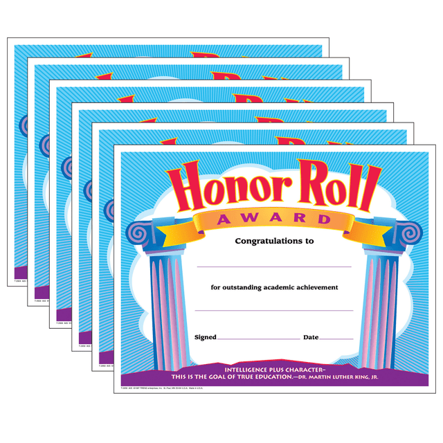 Special occasions call for dignified designs. Recognize students in upper grades as well as adults with our official-looking certificates.  Add Award Seals to create treasured keepsakes (sold separately).  Printer-compatible and ready to frame.  Measures 8-1/2in x 11in.  Colorful honor roll awards.