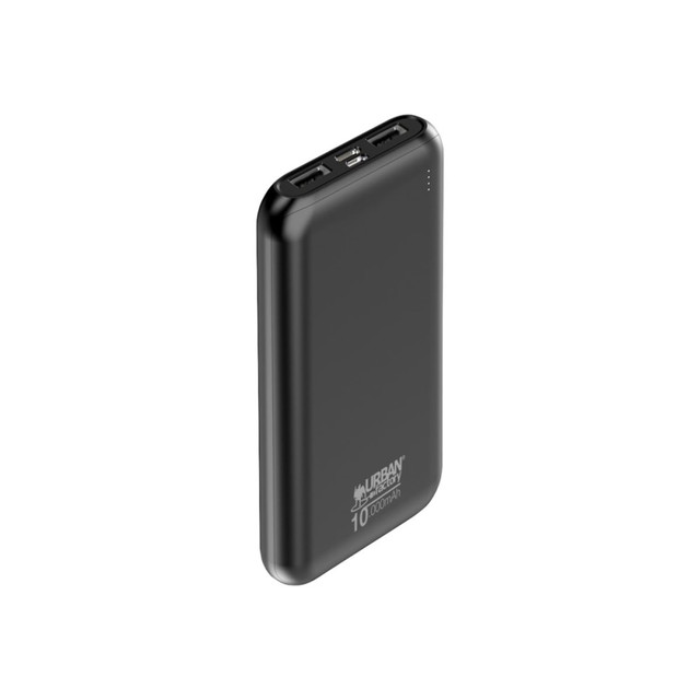 Power your devices on the go with the Urban Factory JUICEE MAX 10,000mAh Portable Power Pack. The pack has 2 USB-A outputs for simultaneous charging, and it boasts a thin design for compact carrying.  Li-poly battery with 10,000 mAh capacity.  2.0-amp micro USB and 2.0-amp USB-C inputs.  2 USB-A (5V/2.1 amps) outputs.  Thin design allows for compact carrying.  LED charge indicator lets you know when the battery is full.  On/off button on the side.  Made of plastic for durability.  Includes a USB-A to micro USB charging cable and user guide.  Backed by the manufacturer's 2-year limited warranty.