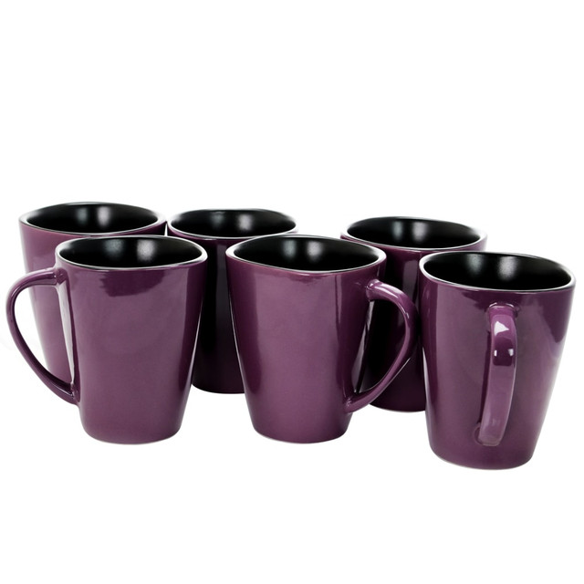 Enjoy your morning coffee with coworkers or family members with a set of Elama 14-Oz. Stoneware Mugs. These stoneware mugs are safe for the microwave and dishwasher, making them easy to use and easy to clean.  Made of stoneware for durability and good looks.  Microwave-safe design allows you to easily reheat coffee, tea and other beverages.  Dishwasher-safe mugs for simple cleanup.  Set of 6 mugs in purple.