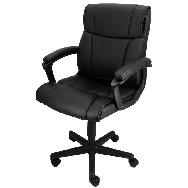 Upgrade your office space with the Elama Faux Leather Mid-Back Adjustable Office Chair. This managers chair adjusts in height with a gas lift to suit a variety of desks. The padded seat is upholstered in faux leather for comfort and style.  Recommended for essential use 0-4 hours daily.  Weight capacity tested to support 250 lb.  Overall Dimensions: 38-5/8inH x 24inW x 24-1/4inD.  Mid back.  Faux leather-upholstered chair.  Primary sponge padding.  Adjustable seat height with Class 3 gas lift.  Integrated nylon armrests with padding.  Nylon base with wheels.  Assembly required.  Backed by the manufacturers 90-day limited warranty.  Faux Leather is a synthetic material. See specs for details.