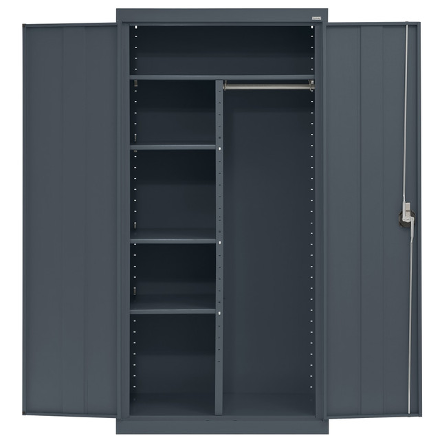 You can help keep your space tidy with this storage cabinet nearby. The cabinet comes with shelves, including 3 adjustable shelves, and a garment bar to help you keep clothing and more organized.  22 gauge, welded steel cabinet offers strong construction and a chip- and corrosion-resistant powder-coated finish.  Features a full-width top shelf, 3 adjustable side shelves and a bottom shelf to separate items. Garment bar is great for hanging items.  Reinforced door stiffener panels provide rigidity.  Recessed handle sports a 3-point locking system for simple security.  Weight capacity tested to support 800 lb.  Weight capacity per shelf tested to support 200 lb.  Save time - no assembly required.  This product is heavy and/or oversized and may need more than one person to handle.