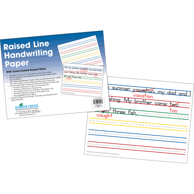 Help students improve their handwriting skills with Barker Creek Handwriting Paper. Broken center lines and skip spaces are designed to help students strength their skills with letters with descenders.  Ideal for for preschool through 1st grade and students with special needs.  Designed to help students use sight and touch to strengthen handwriting skills.  Raised headlines and baselines help students write within the guidelines  5/8in ruling with broken center lines and skip spaces for letters with descenders and for making corrections.