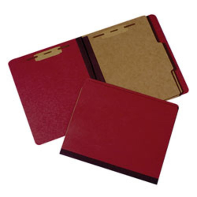 Store papers in this letter-size (8 1/2in x 11in) classification folder. All inside surfaces have 2-prong fasteners to keep everything neat and secure.  Cloth gusset bottom expands to 2 inches.  Kraft inner dividers have 1/3-cut tabs.  Extra heavy-duty red classification folder is made of durable pressboard.  Contains Recycled Content - See Specs for Details.