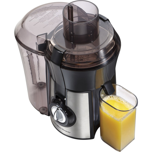 Crush, grind or squeeze fruits, herbs and other produce for nutritious beverages with this Hamilton Beach Big Mouth Pro juicer. The 1.1 HP motor and stainless steel cutter/strainer extract juices quickly, while the 3-in. chute accommodates whole fruits and vegetables. A 20-oz. container holds your healthy drink, and the spout easily fills up your glass. This silver Hamilton Beach Big Mouth Pro juicer is dishwasher-safe for simple maintenance.  Extracts juice from whole fruits and vegetables.  Easy to assemble and maintain.  Stainless steel and plastic parts offer durability.  20-oz. juice container makes large servings.  1.1 HP motor handles tough produce.