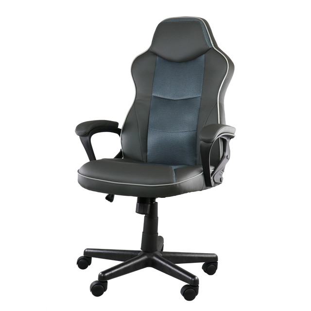 This high-back office chair provides a smooth PU leather surface over soft sponge cushioning. The task chair can swivel or roll, helping users move it around your work environment. The height-adjustable chair can move up or down to suit users of different sizes.  Recommended for essential use 0-4 hours per day.  Primary sponge cushioning for dependable padding.  PU leather upholstery for a smooth, soft feel.  Class 3 gas-lift mechanism to make simple adjustments.  Nylon armrests are padded for extra comfort.  Nylon base with wheels for mobility.  Swivels to face different directions.  Overall Dimensions: 44-7/8 to 48-5/8inH x 26-3/4inW x 25-1/4inD.  Weight capacity tested to support 250 lb.  Assembly required.  Backed by the manufacturers 90-day limited warranty.  Black and gray for simple style.  Faux Leather is a synthetic material. See specs for details.