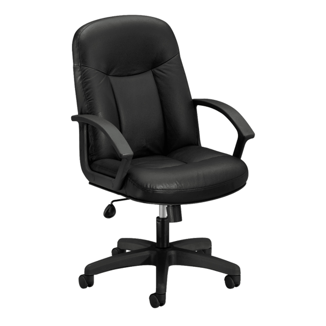 This HON Executive high-back chair has center-tilt with lock and tension control. Bonded leather upholstery and tailored stitching give this chair an upscale feel at a compelling price.  Classic styling easily matches any office aesthetic.  Smooth, pliable SofThread leather seating surfaces with tailored stitching detail.  Contoured back provides ergonomic support and comfort.  Fixed arms provide added comfort.  Center-tilt mechanism rotates the seat from a point at the center to comfortably recline.  Tilt tension controls the rate and ease of recline.  Upright tilt lock secures the chair in the full upright position.  Pneumatic seat height adjustment moves the seat up and down to adapt to various body heights.  Five-star base and back frame are molded from reinforced resin.  360-degree swivel provides freedom of movement in any direction.  An unbeatable combination of versatility and value for any environment.  Smooth, pliable bonded leather seating surfaces with tailored stitching detail  color is Black.  Five-star base is molded from reinforced resin for increased durability.  Tailored stitching detail on the seat and back elevates the overall aesthetic.