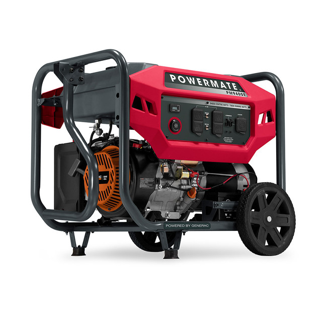 Choose the Powermate PM9400E Portable Generator With 8-Gallon Tankto help give your devices life when traditional power isnT an option. The generator offers a quick-start dial and provides a powerful, 420cc OHV engine.  420cc Powermate OHV engine for consistent, reliable power.  POWERDIAL makes startup simple thanks to an integrated off/run/choke knob.  Low-oil level shutdown helps protect the engine from damage.  Steel frame is built to last.  Integrated wheels and a handle allow portability.  Backed by the manufacturers limited warranty.  Fuel tank holds up to 8 gallons and can run for up to 10 hours at 50% load.  This product is heavy and/or oversized and may need more than one person to handle.
