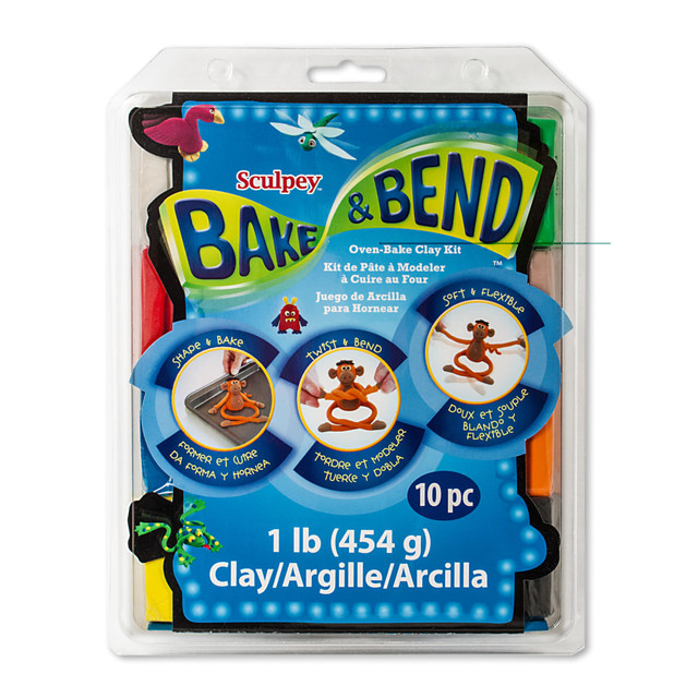 Create forms that flex and bend  Compound stays soft and pliable until baked. Bake in a regular oven to harden your model into a finished form that remains flexible and bendable.  Unbaked clay resists drying out when exposed to the open air.  Clay is nontoxic for safe use.  Flexible clay works well for making jewelry, animal figures, dolls, and other playful shapes.  Each set contains eight 2 oz bars of Sculpey and a modeling tool.
