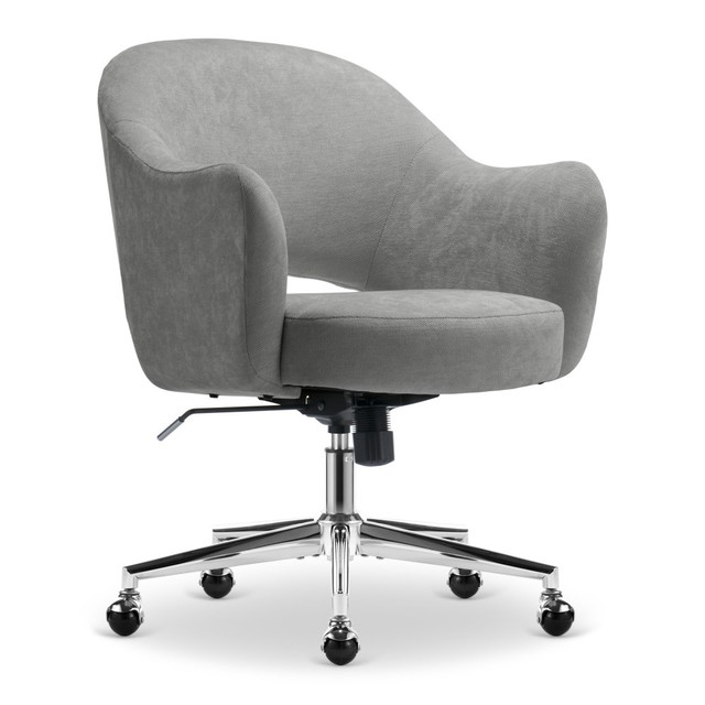 Reimagine your workspace with the Serta Mia Home Office Chair. Inspired by the iconic styles of the 70s, it's an invitation to a world of style and luxurious comfort. The rounded back and gently sloping arms envelop you in feathery velvet that feels soft against your skin. The polished base adds a refined and elegant touch that elevates the entire look. This fashionable office armchair delivers medium-firm comfort with a well-cushioned mid-back that offers support for casual work sessions. The pocket coil seat is layered with high-density foam to keep things comfortable while the sculpted armrests ensure ergonomic positioning for extended chats or brainstorming sessions.  Soft, lush velvet upholstery.  Rounded silhouette and mid-back design.  Curved armrests and open back for stylish flare.  Ergonomic office chair features a comfortable, foam-padded seat cushion.  Easy-lift lever to adjust height settings.  Recline lockout with adjustable rocking tension.  Lightweight, supportive metal base.  Swivel ball casters glide across most carpet types.  Weight capacity tested to support 275 lb.  Casters are intended for use on carpet and are not recommended for use on tile or hardwood floors.  Overall Dimensions: 36-1/2inH x 26-3/4inW x 29-1/2inD.  Backed by the manufacturer's 1-year limited warranty.  Tested to meet ANSI/BIFMA Performance Standards - Manufacturer testing has been conducted on this product to meet specific performance requirements and safety standards set forth by the American National Standards Institute (ANSI) and the Business and Institutional Furniture Manufacturers.