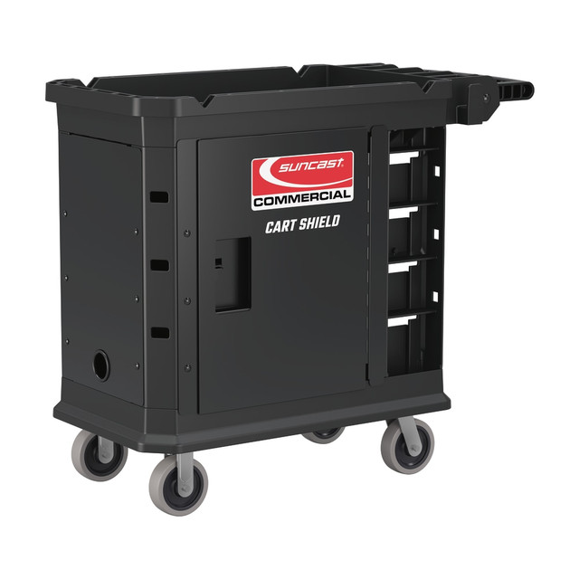 Turn your utility cart into a high-security cart using the Suncast Commercial Utility Cart Shield. Each shield is padlocking for increased protection of the items inside.  Includes 4 panels.  Made from durable steel.  Padlocking door.  Cord port offers access to electrical outlets.  Weight capacity tested to support 500 lb.  Assembly required.  Backed by the manufacturer's 1-year limited warranty.  Compatible with utility cart model PUCSD1937.