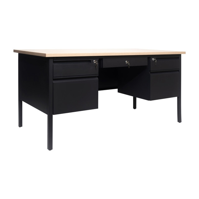 Perfect for both the office or classroom spaces, this commercial grade double pedestal desk will readily adapt to any environment.  Contemporary Commercial Grade Single Pedestal Desk with Drawers  Available in Multiple Colors  Laminate Desktop Work Surface  Integrated Modesty Panel  Steel Frame and Side Panels  Locking Drawers with Ball Bearing Slides and 2 Included Keys  300 LBS. Static Weight Capacity  Assembles in Under 30 Minutes  Wipe Clean with a Damp Cloth  This product is heavy and/or oversized and may need more than one person to handle.