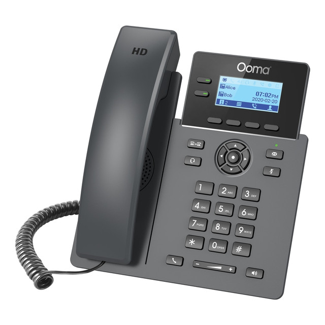 Keep your office running smoothly with an Ooma Wi-Fi 2-Line IP Corded Phone. This conference phone boasts HD audio for high-quality calls and increased clarity.  VOIP phone supports 2 lines. Ideal for low-to-medium call volumes.  Boasts Electronic Hook Switch (EHS) support for headsets.  Features 5-way audio conferencing.  Full-duplex speakerphone with HD audio helps to maximize quality and clarity.  Dynamic 2-1/4in backlit, monochrome display.  Integrated dual-band Wi-Fi support and 10/100 Ethernet with a pass-through port.  Office phone includes a handset, phone stand, Ethernet cable, power adapter, phone cord, phone setup guide, phone assembly and connection guide.  Backed by the manufacturers 1-year limited warranty.