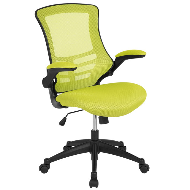 Combine style and functionality with this Flash Furniture mid-back mesh task chair. The heavy-duty nylon base blends stability with durability, while the dual-wheel casters provide easy maneuverability. A padded seat with built-in lumbar support offers comfort for all-day use. This Flash Furniture mid-back office chair features pneumatic seat-height adjustment to help create a personalized, comfortable sitting position.  Mesh material provides durability and is easy to clean.  Built-in lumbar support of the ergonomic office chair helps maintain the natural curve of your spine.  Pneumatic seat-height adjustment ensures customized comfort.  Tilt adjustment and locking features provide flexible recline angles.  Flip-up arms provide easy access to the mid-back office chair.  Overall Dimensions: 41-1/4inH x 24-1/2inW x 25-1/2inD.  Weight capacity tested to support 250 lb.  Tested to meet ANSI/BIFMA Performance Standards - Manufacturer testing has been conducted on this product to meet specific performance requirements and safety standards set forth by the American National Standards Institute (ANSI) and the Business and Institutional Furniture Manufacturers.