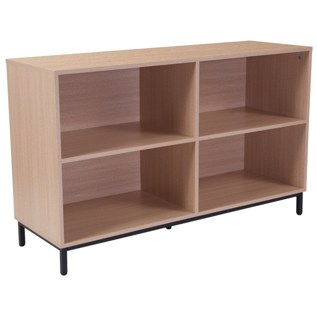 Proudly display family photos, your collection of mystery novels or decorative keepsakes in the open storage compartments of this Flash Furniture 30inH Bookcase. The bookcase boasts a woodgrain laminate finish and a powder-coat-finished frame to coordinate well with your existing decor. The contemporary style of the bookcase is designed to fit in well with your existing decor.  Metal frame with a powder-coat finish.  Woodgrain laminate finish.  4 open storage compartments measure 11-1/2inH x 22-3/4inW x 15-3/4inD each.  Floor glides.  Assembly required.