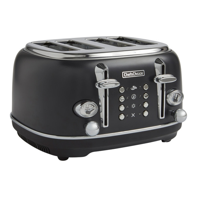 Enjoy your favorite breads, bagels, waffles and more with this Edgecraft Chefs Choice 4-Slice Toaster. With 5 functions, this toaster will let you toast your favorite foods just the way you want them.  Extra wide toast slots fits your favorite breads, bagels, waffles and more.  5 functions let you set the ideal cook time and temperature.  6 shade settings customize lightness/darkness level.  Easy grip toast lift effortlessly raises food.  Onboard cord storage keeps the cord neatly wrapped.  Slip resistant feet for stable operation.  Easy access crumb tray catches crumbs for no-mess clean up.  Use the cancel function to stop the toasting process.  Backed by the manufacturers 1-year limited warranty.