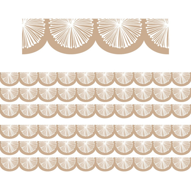 Create a unique bulletin board theme with the Teacher Created Resources Scalloped Border Trim Pack. These vibrant border trim strips are made of acid-free paper and help liven up your classroom.  Scalloped border trim helps liven up any classroom.  Made of acid-free paper.  Creates themes for bulletin boards, walls, windows and projects.  Each poms pack has 12 pieces (3in x 35in) for a total length of 35ft.