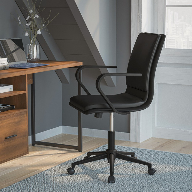 Update the look of your office space with a Flash Furniture James Faux Leather Mid-Back Designer Executive Upholstered Office Chair. Adjust the height and tilt of your seat to find the most comfortable position during your workday. This executive office chair boasts a plush padded seat for ample support.  Recommended for performance use 6-8 hours per day.  Weight capacity tested to support 300 lb.  Overall Dimensions: 40-1/2inH x 26-1/4inW x 26-1/4inD.  Solid wood seat with plush foam padding.  Adjustable office chair raises and lowers in height.  Includes a tilt tension knob.  Dynamic 360 deg. swivel.  Stable curved arms.  Boasts a 5-star base with dual-wheel casters.  Assembly required.  Faux Leather is a synthetic material. See specs for details.