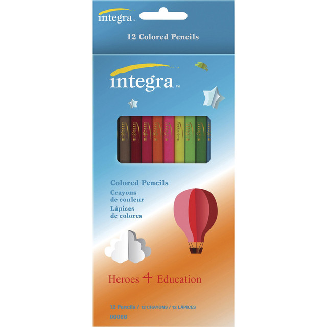 Decorate your art drawings with these Integra colored pencils. The thick lead resists breakage for lasting use and creates distinct lines, while the round barrel fits the hand for a firm grip, enabling precise drawing, while the blendable design lets mix the colors to create additional shades. These Integra colored pencils come in a box of 12 assorted colors, presenting a rich palette to boost your creations.  Colors drawings for a realistic appearance.  Blendable design to create additional color tones and shades.  Assorted colors complete a variety of craft projects.  Round barrel enables a firm, comfortable grip.  Assorted colors.