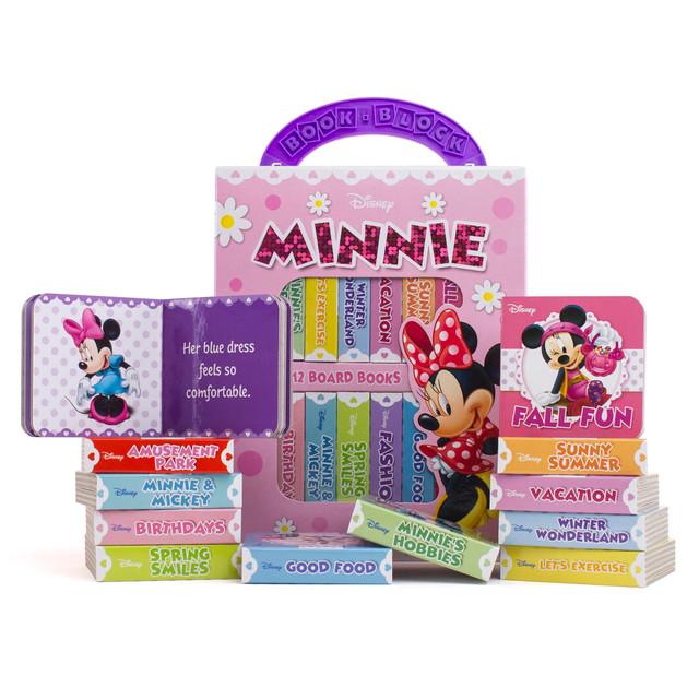 Let your youngster start their reading journey with the Phoenix International Kids My First Library Minnie Mouse Books. The books are made with "just-my-size" pages for little hands and come in a carry case to take them anywhere you go.  Help kids learn about food, seasons, fashion and movement along with their favorite character.  Sturdy board books with "just-my-size" pages are great for little hands.  Housed in a carry case with a handle to bring them with you.