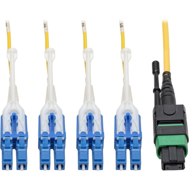 Yellow color for quick singlemode identification  12-fiber MTP/MPO connectors with 12x density of SC connectors  Slim space-saving uniboot design for easy cable management  Angled APC connectors protect laser against destabilization  Push/pull tab connectors install/remove with one hand