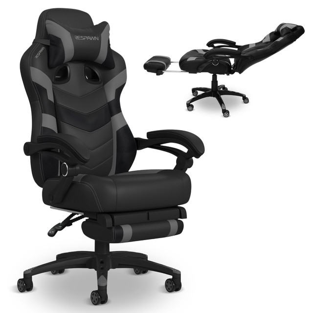 Stay comfortable during long gaming sessions while seated in the Respawn 110 Pro Ergonomic Bonded Leather Computer Gaming Chair. This chair features 2 layers of high-density foam padding and integrated lumbar support to help prevent aches and pains. Recline the backrest or raise and lower your seat to find your ideal gaming position.  Ergonomic gaming chair provides comfort throughout the day.  Weight capacity tested to support 275 lb.  High back with integrated lumbar support.  Thick segmented padding features 2 layers of high-density foam support.  Upholstered in sleek bonded leather.  Adjustable gaming chair features a 155 deg. reclining backrest, height and tilt mechanisms and linked armrests to provide full support when reclining.  Built-in extendable footrest offers lasting comfort.  Rolling, locking casters allow smooth mobility.  Assembly required.  Backed by the manufacturer's 5-year limited warranty.