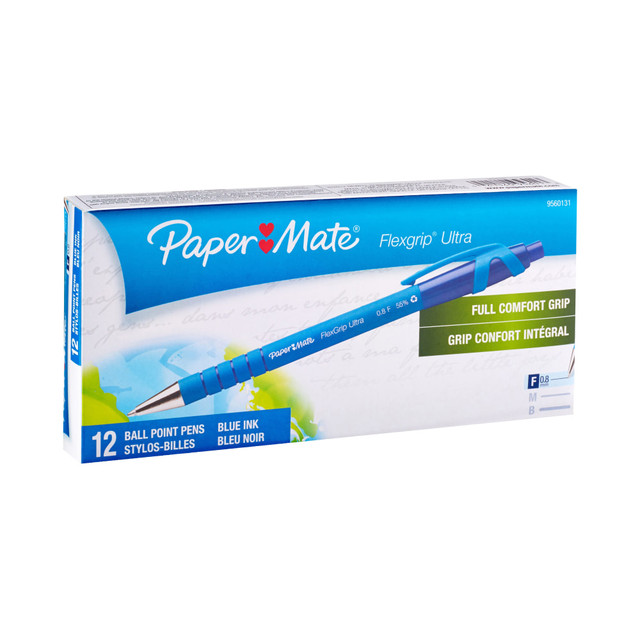 Enjoy the smooth-writing performance of these retractable FlexGrip pens. The textured, rubberized barrels conform to your grip for lasting comfort, so they are great for students who need to jot down over an hour of notes.  Lubriglide ink system for incredibly smooth writing.  These Paper Mate pens contain ShareGuard antimicrobial technology.  Retractable ballpoint pen tip helps protect your pocket or purse.  Conical steel tip flange delivers extra durability.  Comes in a pack of 12 blue pens with 0.8 mm tips.  Antimicrobial is an agent that kills microorganisms or stops their growth.  Refillable - designed to be used repeatedly, helping you avoid single-use disposables and potentially save money.  Contains Recycled Content - See Specs for Details.