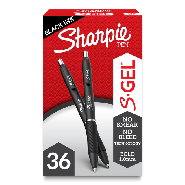 The impact of Sharpie is now in a gel pen with the Sharpie S-Gel! The must-have gel pen features no smear, no smudge, no bleed technology-leaving only your best work behind. The specially formulated ink glides effortlessly across the page and delivers always-vivid writing. It"s a high-performance gel pen with a sleek, professional look that makes it a writing instrument you wonT want to loan out. And the contoured rubber grip makes for comfortable writing during any task. Nothing feels as smooth as putting pen to paper with Sharpie S-Gel!  Always smooth gel pens with no smear, no smudge, no bleed technology  Intensely bold gel ink colors offer always vivid writing  Contoured rubber grip for a comfortable writing experience  Sleek, contoured body for a professional look  Gel pen with no smear, no bleed technology  Bold Point (1.0mm)  Includes 36 black gel ink pens  Refillable - designed to be used repeatedly, helping you avoid single-use disposables and potentially save money.