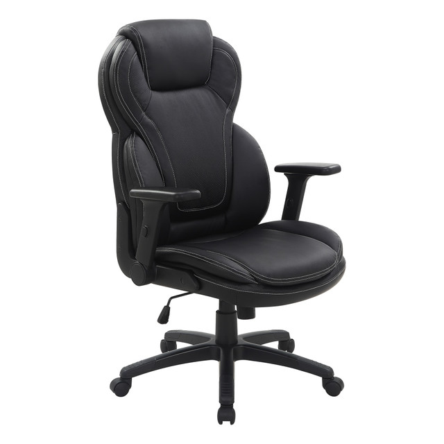 Manage your workflow comfortably from the Office Star Ergonomic Leather High-Back Executive Office Chair. This adjustable chair is made with bonded leather for comfort, and it has built-in lumbar support to encourage good posture. The Office Star chair boasts dual wheel casters for smooth movement.  Ergonomic office chair allows for comfort throughout the day.  Recommended for professional use 8-10 hours per day.  Weight capacity tested to support 275 lb.  Overall Dimensions: 48-3/4inH x 28-3/4inD x 28inD.  High back.  Built-in lumbar support.  Bonded leather upholstery.  Waterfall seat.  Pneumatic seat height adjustments.  Locking tilt control and adjustable tilt tension.  Padded, flip armrests.  Swivel seat.  Heavy-duty nylon base with dual wheel carpet casters.  Assembly required.
