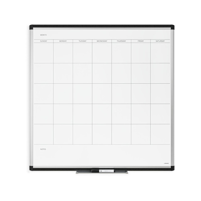This silver aluminum PINIT frame magnetic dry-erase calendar board is a perfect and functional solution for the frequent usage areas of your office, school classroom, home or any commercial space. Although all dry-erase markers work well with this board, the u brands dry-erase markers provide the ultimate writing and eras-ability experience. The boards magnetic painted steel writing surface will require minimal ongoing cleaning care to ensure the best performance and resist ink staining and ghosting.  Resistant to staining and ghosting, this hard-wearing, premium, painted steel whiteboard lasts well even through moderate-to-heavy use - ideal for an office, hectic home or commercial environment.  Featuring a printed monthly calendar view to help you keep track of vital tasks and events.  Works well with any dry-erase markers but employ U Brands for ultimate performance.  Whiteboard is magnetic for easy display of pre-written notes.  Built-in cork strips let you easily pin letters and lists.  Aluminum frame and rigid board insulation for long-lasting durability.  Mounts horizontally using included hardware and hassle-free, easy-to-follow instructions.  Silver metal frame.  Measures 36in x 36in.  Backed by the manufacturers 5 year warranty.