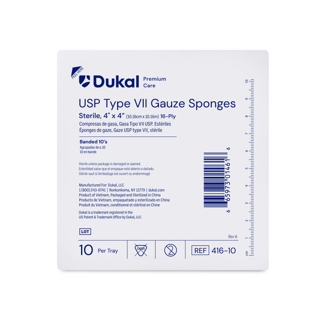 Dukal Corporation  416-10 Gauze Sponge, 4" x 4", Type VII, 16-Ply, Sterile, 10/try, 128 tray/cs