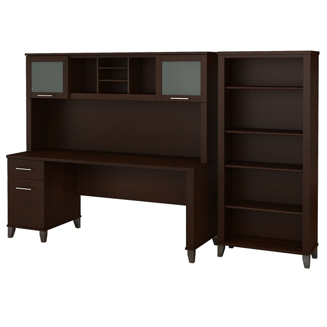 With a large work surface and plenty of storage for important documents and supplies, the Somerset 72W Office Desk with Hutch presents an ideal workspace solution for those who value style as well as function. Transitional styling that includes tapered legs, contemporary metal hardware and an elegant finish excels in a home or professional office.  Bundle includes: 72inW Office Desk with Drawers, 72inW Hutch  Assembled Dimensions: 71inW x 23-2/3inD x 65inH  Spacious 72inW work surface offers plenty of room to spread out with a computer and paperwork.  Worksurface weight capacity tested to support 200 lb.  Desktop includes a convenient wire management grommet to keep cords and cables out of the way.  File drawer opens on full-extension ball bearing slides and accepts legal and letter size documents.  File drawer weight capacity tested to support 60 lb.  Hutch attaches to the desktop and features 2 lift-up frosted glass doors for concealed storage.  Hutch has open compartments with 2 adjustable shelves for books, binders, decorations and more.  Computer desks box drawer provides storage for office supplies and utensils.  Tested to meet ANSI/SOHO standards for safety and performance.  Assembly Required.  Standard Delivery Service. Furniture is delivered unassembled.  Backed by the Bush Furniture 6-Year Manufacturers Warranty. For additional information, please visit:www.bushfurniture.com/ReturnsExchanges  This product is heavy and/or oversized and may need more than one person to handle.