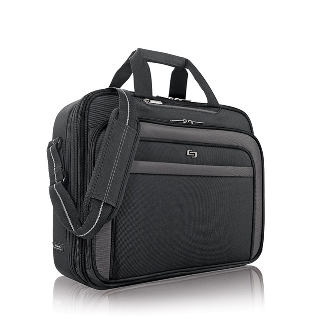 Checkpoint friendly design allows you to pass through airport security faster. A well-padded 17.3in laptop compartment lets you travel confidently, knowing your laptop is safe.  Provides separate sections for your laptop and accessories.  Checkpoint friendly design allows you to pass through airport security faster  Fully padded compartment protects laptops up to 17.3in.  Features a quick-access pocket and front zippered pocket.  Zip-down organizer offers additional storage. Provides dedicated sections for your glasses, camera and cell phone, plus business card slots, pen loops and a key fob.  Front compartment features a file section for important documents.  Adjustable shoulder strap for comfortable carrying. Includes a padded carry handle.  Back strap slides over luggage handle for consolidated travel.  Durable polyester body.  Padded carry handles  Fully padded laptop compartment fits most MacBooks and laptops up to 17.3 inches.  Checkpoint friendly design allows you to pass through airport security faster.  Quick access pocket.  Full length front zippered pocket.  Full size front zip-down organizer section.  File compartment.  Padded carry handles.  Adjustable shoulder strap.  Back strap slides over luggage handle.  Polyester body.