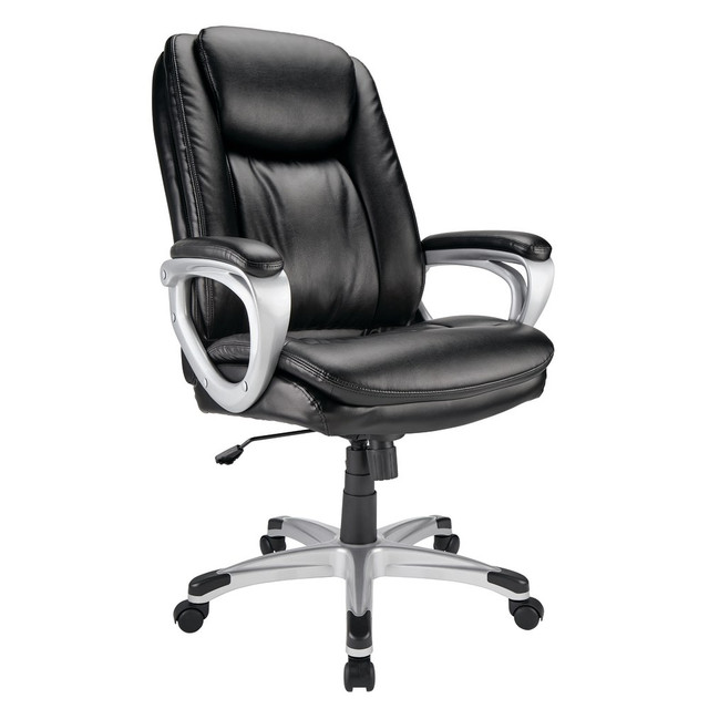 Sit comfortably throughout the workday with this Realspace Treswell executive high-back chair. The bonded leather material delivers durability, while the color combination offers timeless appeal. Featuring a 5-star swivel base with built-in casters, this executive chair allows easy mobility and holds weights of up to 275 lbs. This Realspace Treswell executive high-back chair features a pneumatic handle for simple customization.  Stay on task with seating thats versatile to work from anywhere.  Recommended for performance use 6-8 hours per day.  Weight capacity tested to hold up to 275 lbs.  Executive chair is made of nylon for durable use.  One-touch adjustment design offers flexibility.  Backed by the manufacturers 5-year limited warranty.  GREENGUARD certified - certified for low chemical emissions: UL.COM/GG - UL 2818. Ranked in two tiers: Certified and Gold.  Forest Stewardship Council (FSC) certified - made from wood/paper that comes from forests managed to rigorous environmental and social standards, supported by the worlds leading conservation organizations.  ANSI/BIFMA Compliant - This product has been tested and verified for compliance with rigorous performance requirements and safety standards related to specific furniture products.  Leadership forestry - from forests or sourcing programs that meet specific environmental standards, helping you support practices that better protect forests and the environment.  Less harsh chemicals - made with fewer harsh chemicals, or safer chemicals than typical alternatives, helping  reduce your use of and exposure to substances that may be more harmful to your health and the environment.