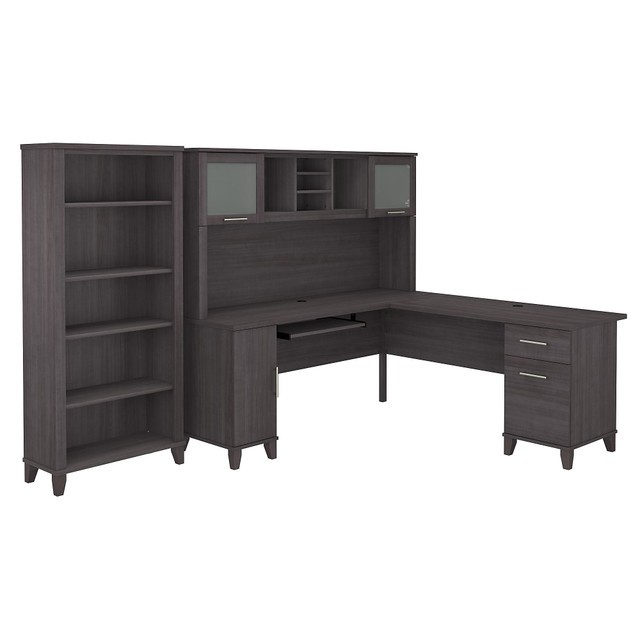 The Somerset L Shaped Desk with Hutch and 5 Shelf Bookcase offers all the space and storage needed to build a practical home office. With transitional styling that includes an attractive finish, contemporary metal hardware and tapered leg accents, this office furniture set is a perfect choice for those who value style as well as function.  Worksurface weight capacity tested to support 200 lb.  Desk includes a pull-out keyboard or laptop tray.  L Shaped Desk offers box and file drawers in addition to a vertical storage compartment.  File drawer accommodates letter-size documents while box drawer stores office supplies and utensils.  File drawer weight capacity tested to support 60 lb.  Hutch features open compartment and closed storage areas with lift-up frosted glass doors.  Bookcase utilizes two fixed shelves for stability and three adjustable shelves for versatile organization.  Bookshelf weight capacity tested to support 84 lb.  Meets ANSI/SOHO test standards for safety.  Assembly Required.  Standard Delivery Service. Furniture is delivered unassembled.  Backed by the Bush Furniture 6-Year Manufacturers Warranty. For additional information, please visit: www.bushfurniture.com/ReturnsExchanges.  Bundle Includes: 72inW L-Shaped Desk, 72inW Hutch and 5-Shelf Bookcase.  Assembled Dimensions: 71inW x 70-7/8inD x 65-1/4inH.  This product is heavy and/or oversized and may need more than one person to handle.